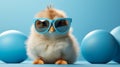 Cool little grey chick in sunglasses on blue background