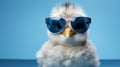 Cool little grey chick in sunglasses on blue background