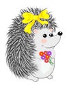 Cool little hedgehog in cartoon style wearing blue t-shirt with red spot on gray background