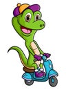 The cool lizard is riding the motorcycle with the happy face