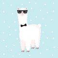 Cool Llama Or Alpaca With A Mans Bow Tie And Glasses On A Blue Background With Stars. Vector Illustration For Baby