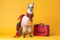 cool llama hipster tourist with suitcase on yellow background, Generative AI