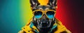 Cool looking dog wearing funky fashion, tie, glasses. wide banner