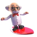 Cool mad professor scientist character surfing on a surfboard, 3d illustration