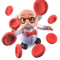 Cool mad scientist professor character studying up close blood cells plasma, 3d illustration