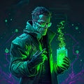 cool male scientist experimenting green chemicals gas in the laboratory with cyberpunk futuristic neon vibes in the lab Royalty Free Stock Photo