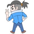 Cool man with ponytail seen from behind, doodle icon image kawaii