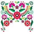 Mexican traditional folk art style vector greeting card or invitation design with red and pink flowers, vibrant pattern inspired b