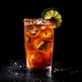 Cool mexican michelada made with blend of beer, lime juice, tomato juice, hot sauce, and spices. AI generated