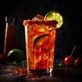 Cool mexican michelada made with blend of beer, lime juice, tomato juice, hot sauce, and spices. AI generated