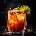 Cool mexican michelada made with blend of beer, lime juice, tomato juice, hot sauce, and spices. AI generated