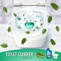 Cool mint fragrance toilet cleaner gel ads. Vector realistic Illustration with top view of toilet bowl and disinfectant container.