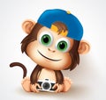 Cool monkey animal character vector design. Cute little monkey photographer in friendly facial expression while sitting.