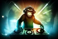 Cool monkey dj works at the dj console. AI generated.