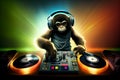 Cool monkey dj works at the dj console. AI generated.