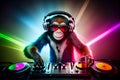 Cool monkey dj works at the dj console. AI generated.