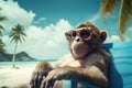 cool monkey with sunglasses relax on tropical beach AI generated