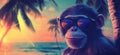 Cool monkey wearing sunglasses at tropical beach during sunset with palm trees, copy space for text Royalty Free Stock Photo