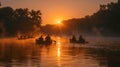 Cool morning air meets fishermen in canoes.