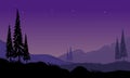 Cool night atmosphere with mountain views and incredible silhouettes of cypress trees. Vector illustration