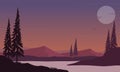 Cool night from the riverbank with beautiful mountain scenery as a background. Vector illustration