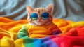 Cool orange cat in sunglasses on colorful rainbow blanket Royalty Free Stock Photo