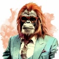 Cool Orangutan In Sunglasses And Suit: A Painterly Fashion Illustration