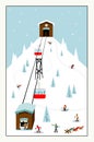 Cool pastel Cartoon ski poster. The mountain resort with lifts, slopes, skiers.