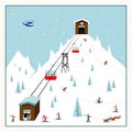 Cool pastel Cartoon ski poster. The mountain resort with lifts, slopes, skiers.