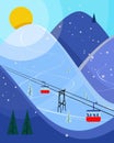 Cool pastel Cartoon ski poster. The mountain resort with ski lifts, slopes.