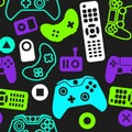Video game controllers seamless pattern - ufo green and neons on the black Royalty Free Stock Photo