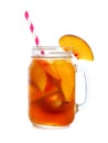 Cool peach iced tea in a mason jar glass isolated on white