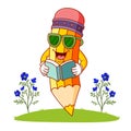 The cool pencil with sunglasses is reading the book