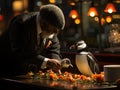 Cool penguin waiter serving tiny fish