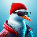 Cool penguin wearing a red hat and sunglasses. 3d illustration AI Generated