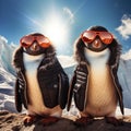 Cool penguins with sun glasses in an Antartica landscape