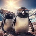 Cool penguins with sun glasses in an Antartica landscape