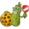 Green Juicy Pickle Cartoon Character leaning on a giant pickleball and holding a paddle