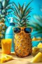 Cool pineapple with sunglasses and sunblock on pastel background with copy space