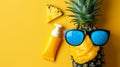 Cool pineapple with sunglasses and sunblock on pastel background, space for text