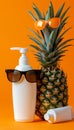 Cool pineapple with sunglasses and sunblock on pastel background with space for text