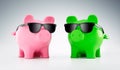 Cool pink and green piggy bank with sunglasses