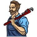 Cool Plumber Holding Wrench Mascot Design Vector