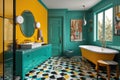 A cool pop art inspired bathroom with a bright, eye-catching shower and retro furniture