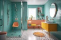 A cool pop art inspired bathroom with a bright, eye-catching shower and retro furniture.