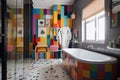 A cool pop art inspired bathroom with a bright, eye-catching shower and retro furniture