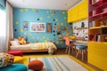 A cool pop art-inspired children\'s room with bright, flashy toys and retro furniture.