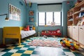 A cool pop art-inspired children\'s room with bright, flashy toys and retro furniture