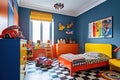 A cool pop art-inspired children\'s room with bright, flashy toys and retro furniture.