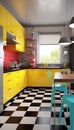 A cool pop-art inspired kitchen with bright, eye-catching appliances and retro furnishings